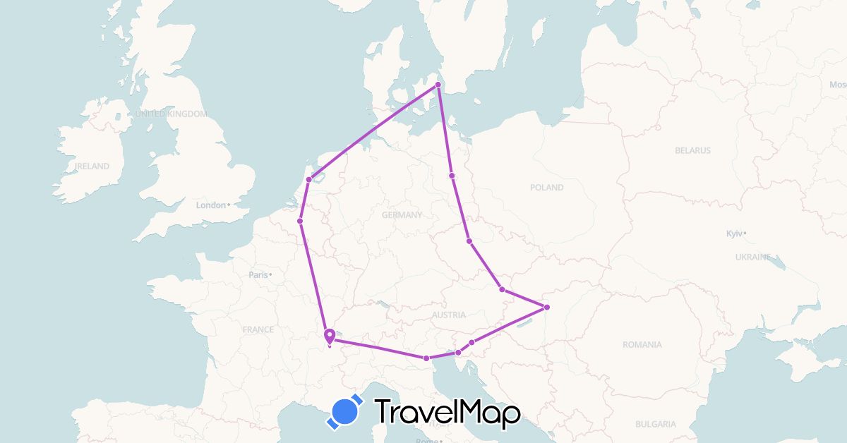 TravelMap itinerary: driving, train in Austria, Belgium, Switzerland, Czech Republic, Germany, Denmark, France, Hungary, Italy, Netherlands, Slovenia (Europe)